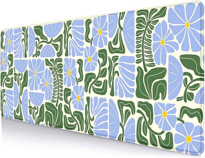 Vintage Blue Green Boho Floral Desk Mat, Abstract Geometric Botanical Large Gaming Mouse Pad with Non-Slip Base, Custom Aesthetic Mousepad for Desktop Decor, Laptop Computer Pad, 31.5x11.8 Inch