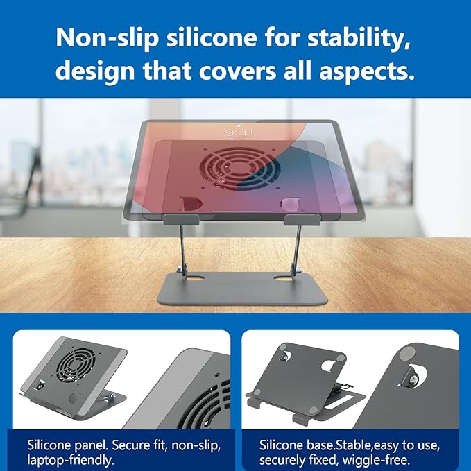 Laptop Cooling Stand with Fan and One Key Switch - Ergonomic Adjustable Height Desk Stand for All 10-16”Laptops & Tablets