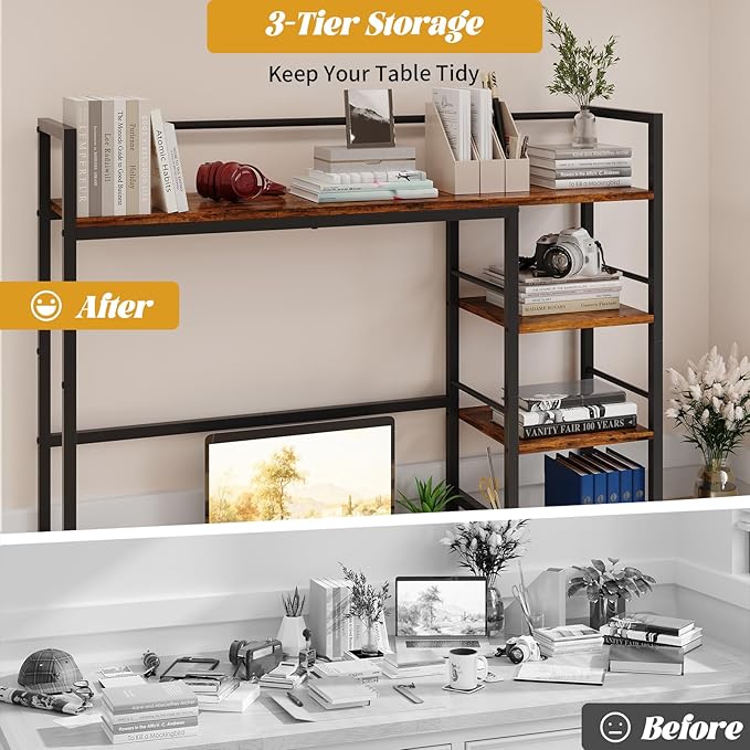 HavenlyYouth Desk Shelf, 38.6 Inch Wood Desk Organizer Shelf for Computer Monitor, Desk Hutch Storage, Desktop Shelf for Top of Desk, 3 Tier Desktop Bookshelf for Home Office Dorm, Rustic