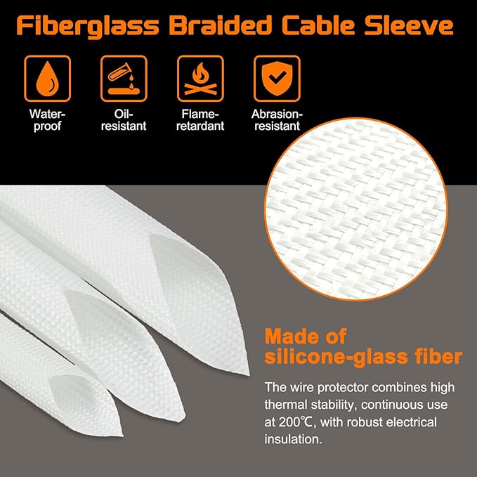 MECCANIXITY 20ft Braided Cable Sleeve, 5/16" ID 200C Heat Resistant 1500V Fiberglass Wire Insulation Cord Protector Organizer Wires Management for Motor Engine Fuel Line, White