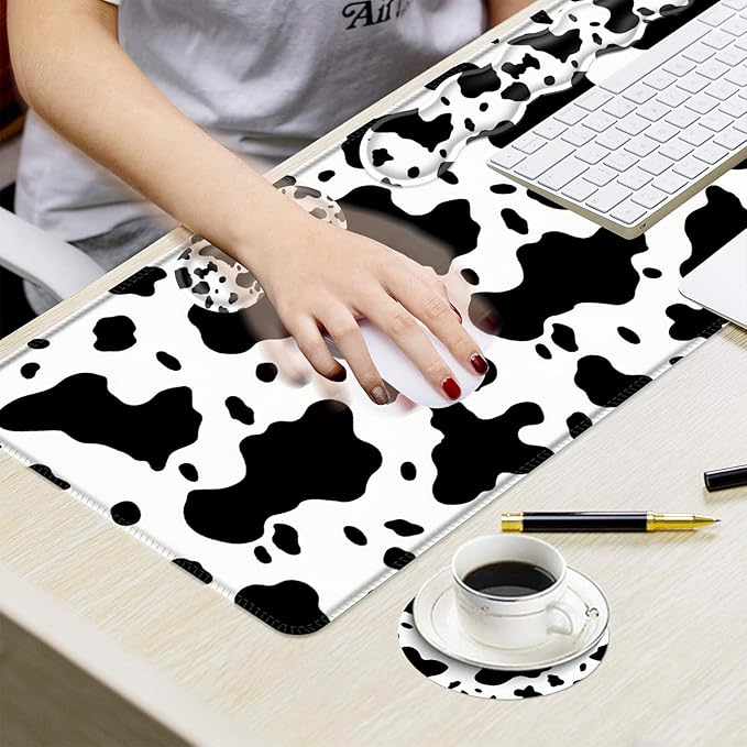 Ergonomic Mouse Pad Set with Wrist Support for Keyboard and Wrist Rest for Mouse, Memory Foam Comfort, Non-Slip Large Desk Mat for Home Office Pain Relief,Cow Print