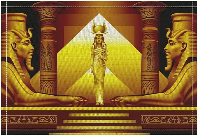 Ancient Egyptian Placemats Golden Egyptian Architecture Pyramid Old History Mural Linen Washable Table Mats Stain Heat-Resistant Desktop Decor Place Mats for Home Kitchen Dining Party 12x18 in 6 Pcs