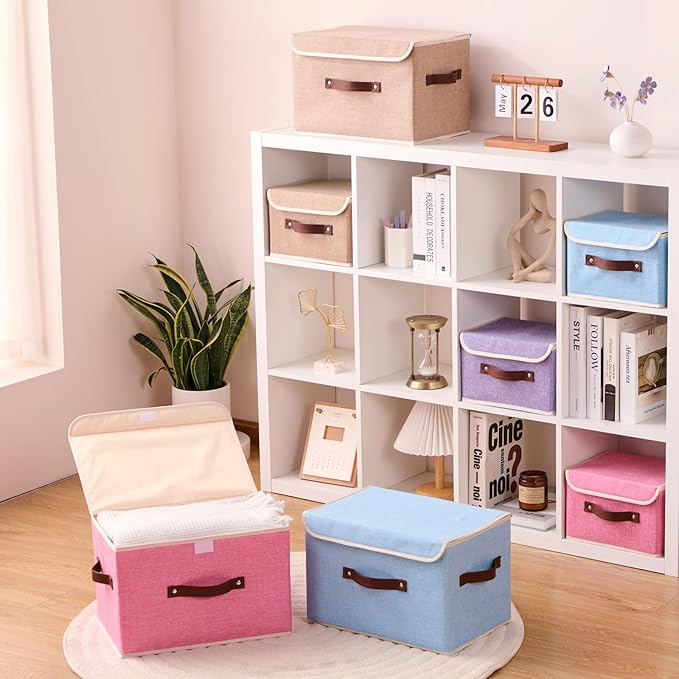 Storage Boxes with Lid Cotton Linen Fabric Storage Bins Organizer Container Decorative Collapsible Washable Shelf Baskets Faux Leather Handles for Home Bedroom Closet (Pink, Large)