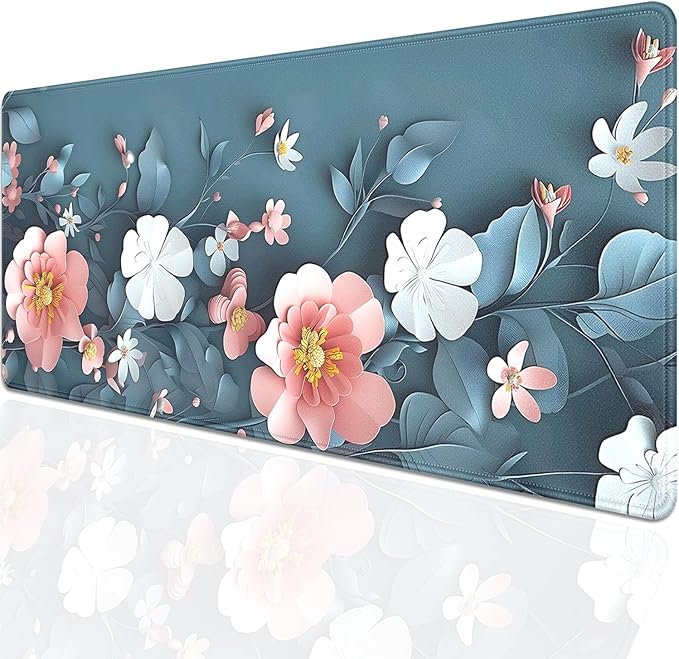 Blue Art Flowers Mouse Pad,Extended Abstract Floral Mousepad Desk Pad with Stitched Edges,Non-Slip Waterproof Rubber Base Mouse Mat for Office Computer Keyboard Laptop Home 27.5x11.8 in