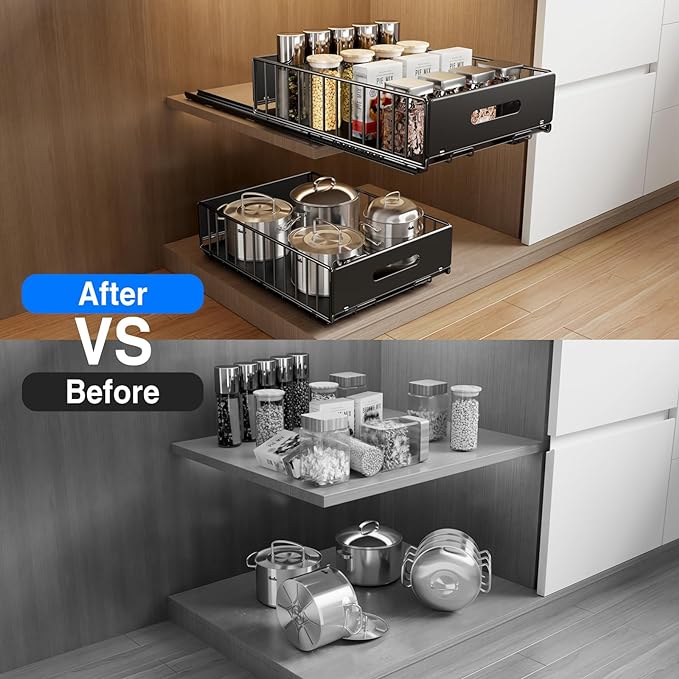 Mustorn 2 Pack Pull Out Cabinet Organizer, Slide Out Drawers for Cabinets, Peel and Stick, Heavy Duty Shelves for Kitchen, Cupboard, Pantry, Bathroom (16.5"D*11.8"W*3.94"H-Black)