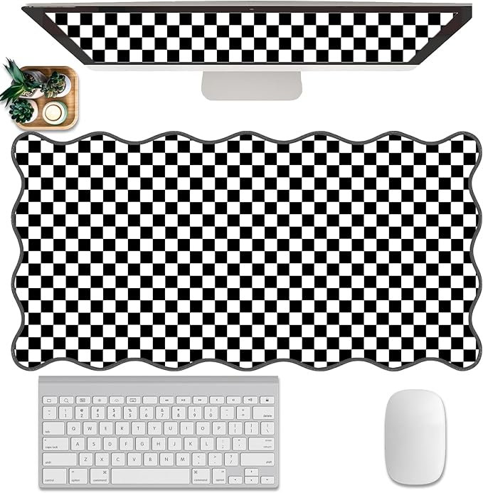 Scalloped Desk Mat Black and White Extended Large Mouse Pad Cute Desk Pad XXL Aesthetic Plaid Mousepad Checkered Gaming Mouse Pad for Keyboard Computer Laptop Office Accessories Girl 35.4X15.7Inch