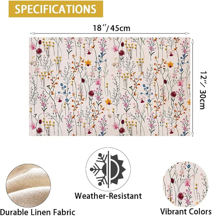 Watercolor Wild Flowers Placemats Set of 4, 12x18 Inch Seasonal Spring Summer Colorful Floral Table Mats for Home Party Kitchen Dining Decoration
