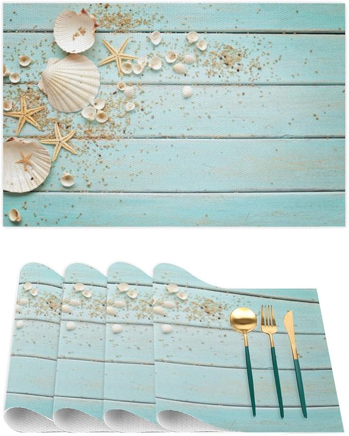Placemats Set of 4 Heat-Resistant Rectangle Place Mats Beach Summer Teal Washable Plastic PVC Dining Table Mat Non-Slip Wipeable Woven Vinyl Placemat for Kitchen Patio Table Decor