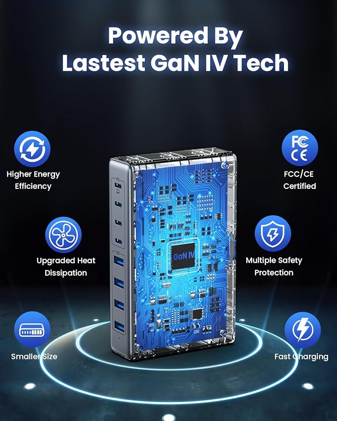LanLuk 200W GaN IV 8-Port Charging Station with 65W USB-C PD Output and QC4.0, Compatible with MacBooks, Dell laptops, iPhones, iPads, and Steam Deck.