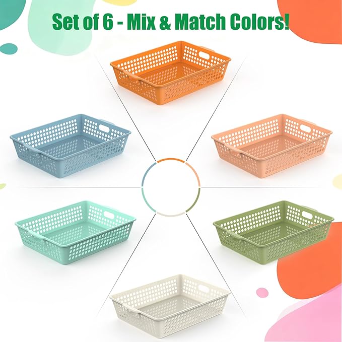 QRRICA 6 Pack Plastic Classroom Storage Baskets, Paper Trays for Classroom Organization & Turn in Trays for Teachers, Students, Desk Organizer Bin 13.8x10.6x3.1 Inch (Morandi)