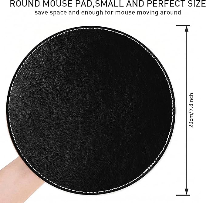 Round Faux Leather Mouse Pad, 7.8 Inch Small Compact PU Leather Circular Desk Mat, Waterproof Non-Slip Smooth Mousepad for Office Laptop, Home Work & Travel (Black)