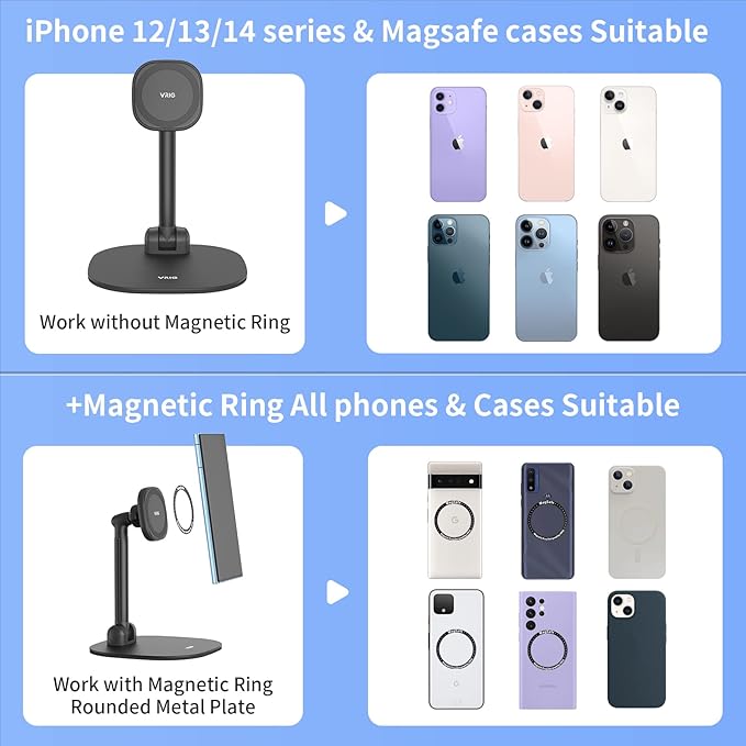 VRIG Magnetic Desk Phone Stand for Office/Home, 360°Rotation Phone Holder with Magnetic Ring Height&Tilt, Adjustable Cell Phone Stand for iPhone 17 16 15 14 13 12 and More/Android