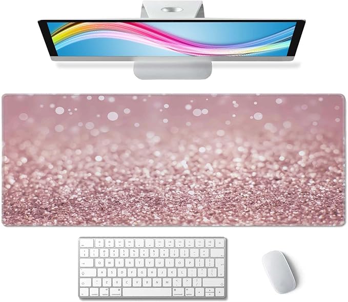 Gaming Mouse Pad Large, Keyboard Mouse Mat Desk Pad, Non-Slip Rubber Base with Stitched Edges Mousepad, 31.5X11.8 inch Pink Glitter Abstract Design