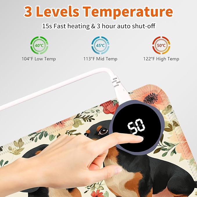 Heated Mouse Pad,Warm Desk Pad with 3 Levels Heating & 3 Hours Auto Shut-Off, PU Leather Heated Desk Pad Warmer Pad for Home Office - 31.5 x 13 inch,Dachshund Dog Flowers