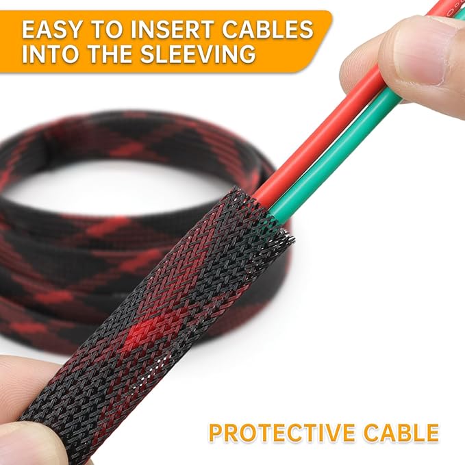 Braided Cable Sleeve, 33ft Expandable Wire Loom for Automotive Wiring Harness & PC Case, Pet-Proof Chew Resistant Cord Protector, Flexible Cable Management (Black-Red, 8mm (5/16"))