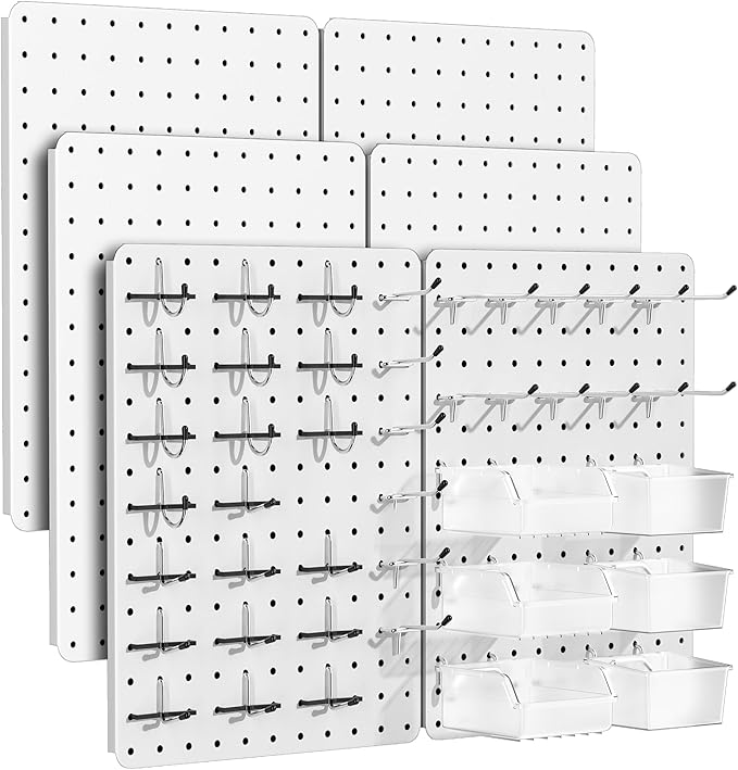 Peg Board for Tools, 6 Pack Metal Pegboard Wall Organizer with Hooks,14.76"×10.82" White Pegboard Panels for Walls Home, Garage Tool Storage, Kitchen, Office Organization, Craft Room