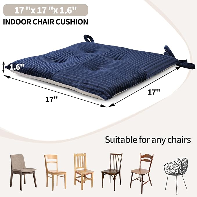 Office Stacking Chair Cushions 4 Pack, Corduroy High Density Foam Kitchen Seat Cushions with Ties, Square 17" x 17" Indoor Non-Slip Dining Chair Pads, Navy Blue，4pcs
