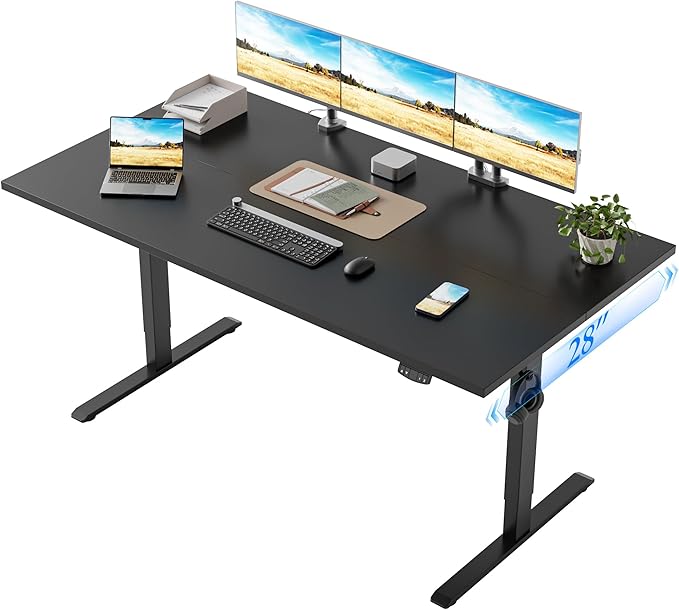 Klicelor 63 x 28 Electric Standing Desk, Sit Stand Up Home Office Desk, Height Adjustable Deep Cumputer Table with Memory Presets and Hooks, Two Pieces, Black