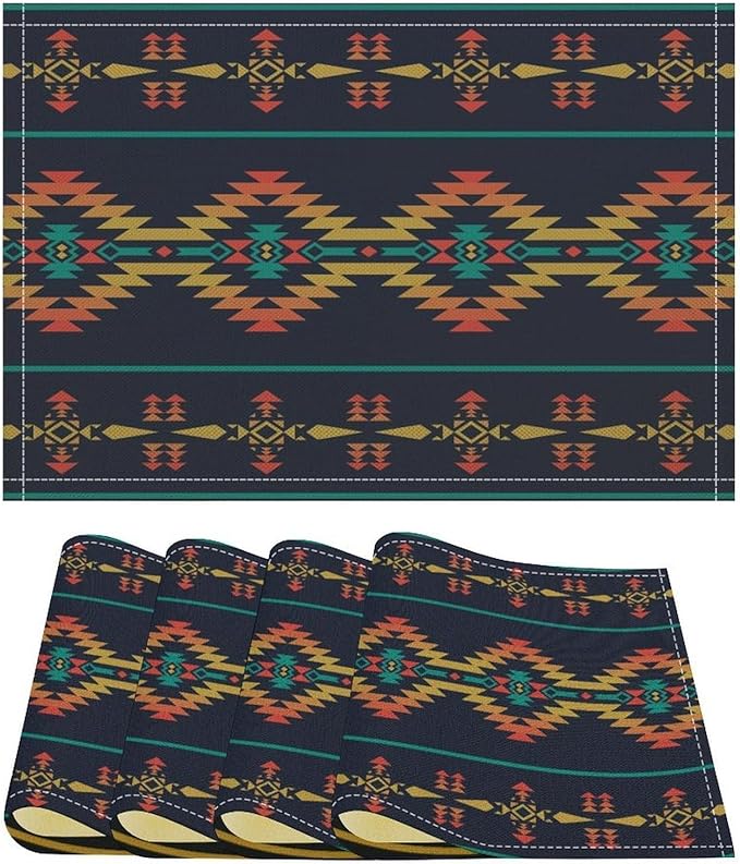 Vintage Aztec Southwest Placemats Ethnic Style Design Boho Geometric Pattern Linen Washable Table Mats Stain Heat-Resistant Desktop Decor Place Mats for Home Kitchen Dining Party 12x18 in 6 Pcs