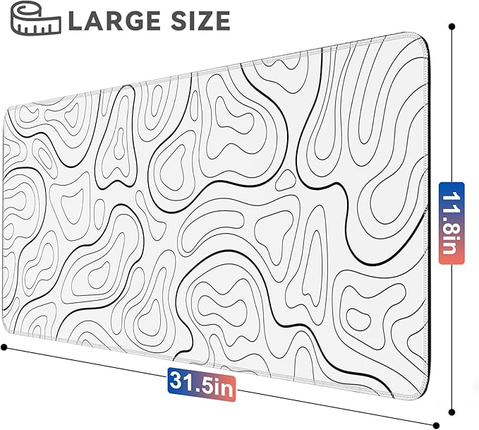 Gaming Mouse Pad Big Mousepad with Non-Slip Rubber Base, 31.5 x 11.8 in XL Large Desk Mat for Gaming Home Office, Long Keyboard Pad Mouse Mat for Computer with Stitched Edges, White Topographic
