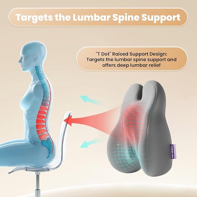 ZZ-WELL Lumbar Support Pillow - Back Support Pillow for Office Work Chair - Memory Foam Chair Back Cushion for Mid Lumbar Back Pain, Posture Improved - Adjustable Straps, Breathable Cover (Grey)