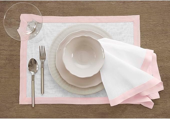 Solino Home Linen Cloth Napkins Set of 4-100% Pure Linen Blush Pink and White Dinner Napkins 20 x 20 Inch for Spring, Summer - Classic, Handcrafted and Machine Washable