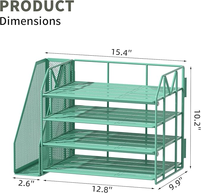 4-Tier Paper File Organizer with Drawer, Metal Desk Organizer, Tiered Paper Tray for Letter/A4 Files, Desktop Office Supplies Storage Rack, Green