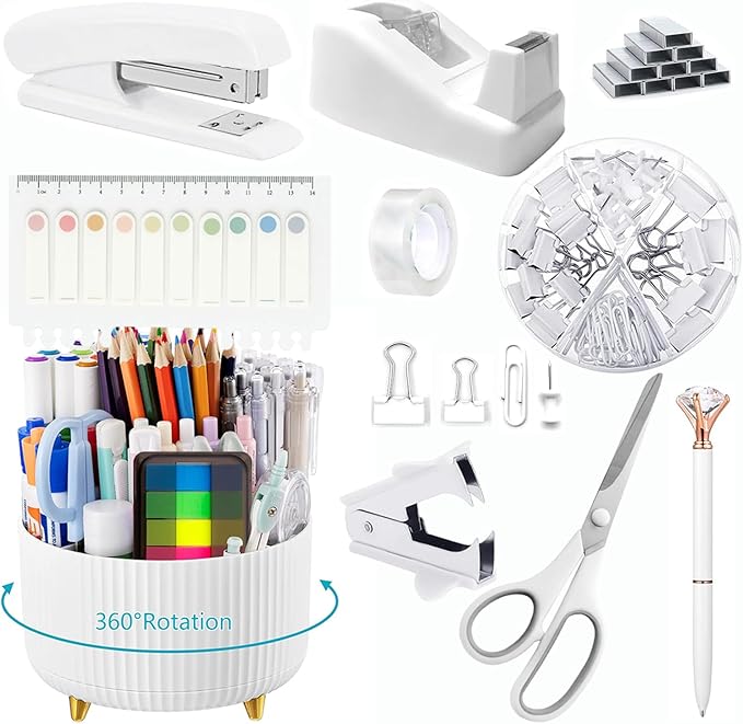 Office Supplies,White Desk Accessories,Office Supplies Set,Desk Organizer,Stapler,Tape Dispenser,Scissors,Staple Remover,Binder Clips,Staples,Ballpoint Pen,Index Tabs with Ruler,Clear Tape.10pcs