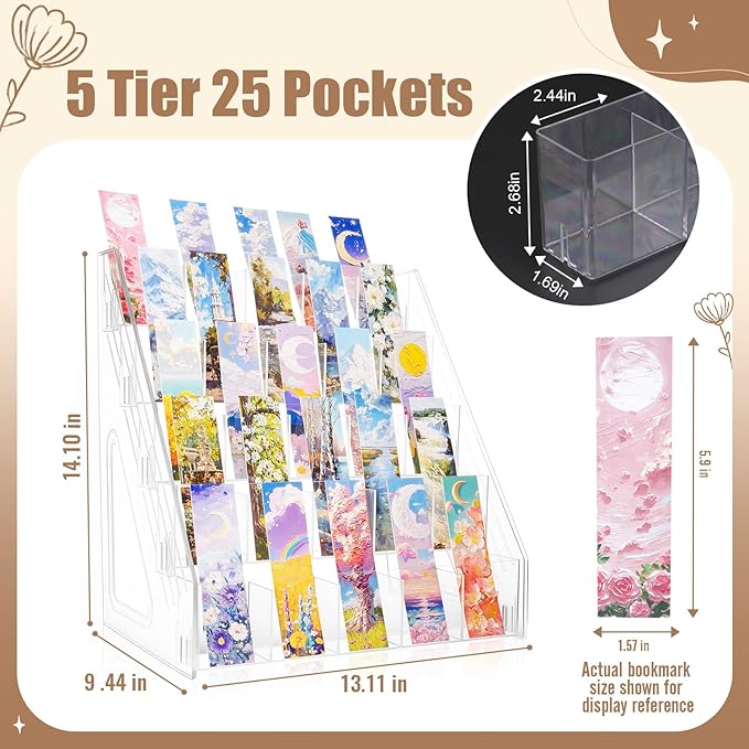 Acrylic Bookmark Display Stand with Divided Pockets, Portable Sticker Holder Tiered Display Stand, Clear Desk Organizer for Home, Retail or Craft Fair Use(25 Pockets, 5 Tier)