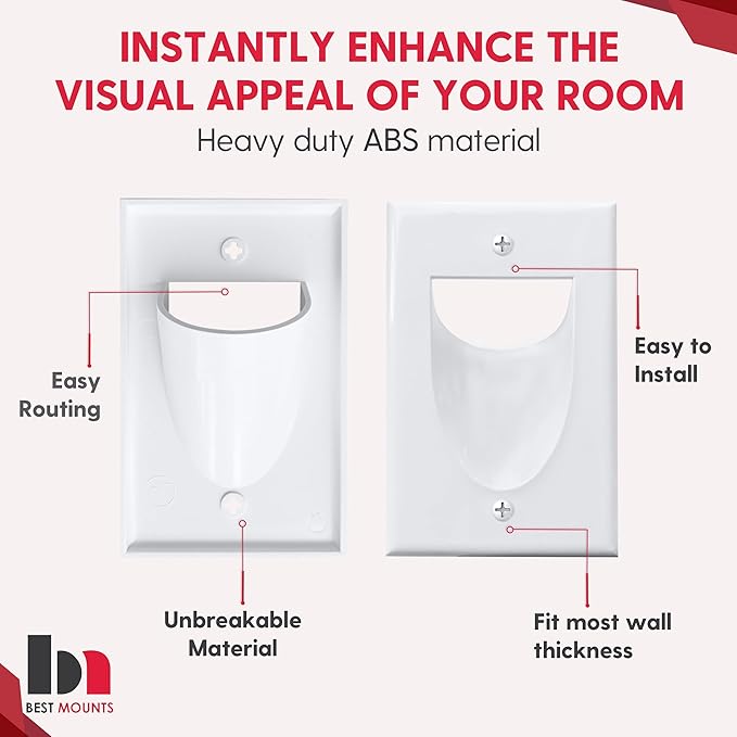 1 Pack Wall Plate Cable Pass Through with Bracket - In Wall Cable Management Kit - Recessed Cable Wall Plate Pair with Single Gang Low Voltage Mounting Bracket - Decorator Cover for Low Voltage Cables