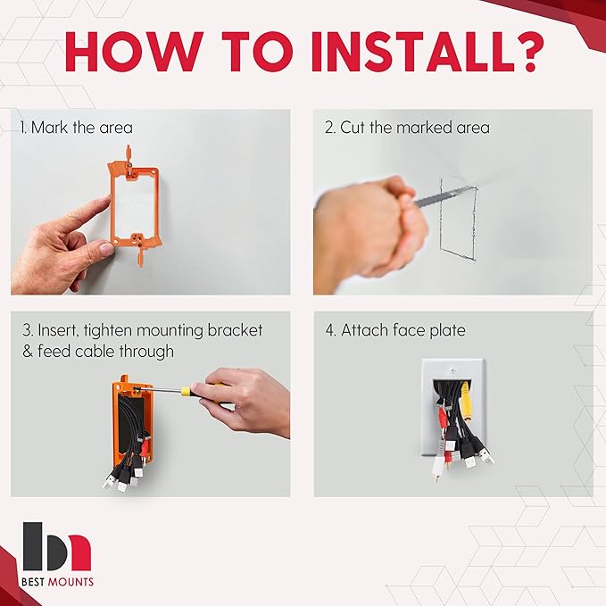 1 Pack Wall Plate Cable Pass Through with Bracket - In Wall Cable Management Kit - Recessed Cable Wall Plate Pair with Single Gang Low Voltage Mounting Bracket - Decorator Cover for Low Voltage Cables
