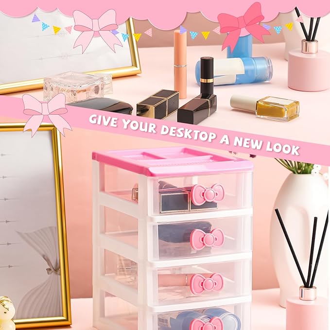 Tatuo Lovely Receiving Storage Cabinets Kawaii Makeup Organizer with 4 Layers Cute Storage Cabinet Box with Bow Handle Plastic Desktop Storage Box for Home Bedroom Bathroom Women Gifts(Clear)