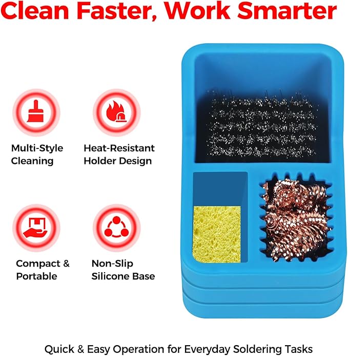 Soldering Iron Tip Cleaner Kit with Brass Wool, Sponge & Steel Brush in Blue Silicone Holder – Heat & Scratch Resistant Cleaning Tool for Soldering, Electronics Repair & DIY Projectst