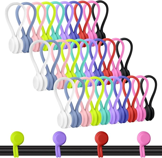 Motiloo Reusable Magnetic Cable Ties, 30 Pcs Strong Snap on Magnetic Cord Ties, Silicone Magnet Twist Tie (10 Colors-30 Pack)