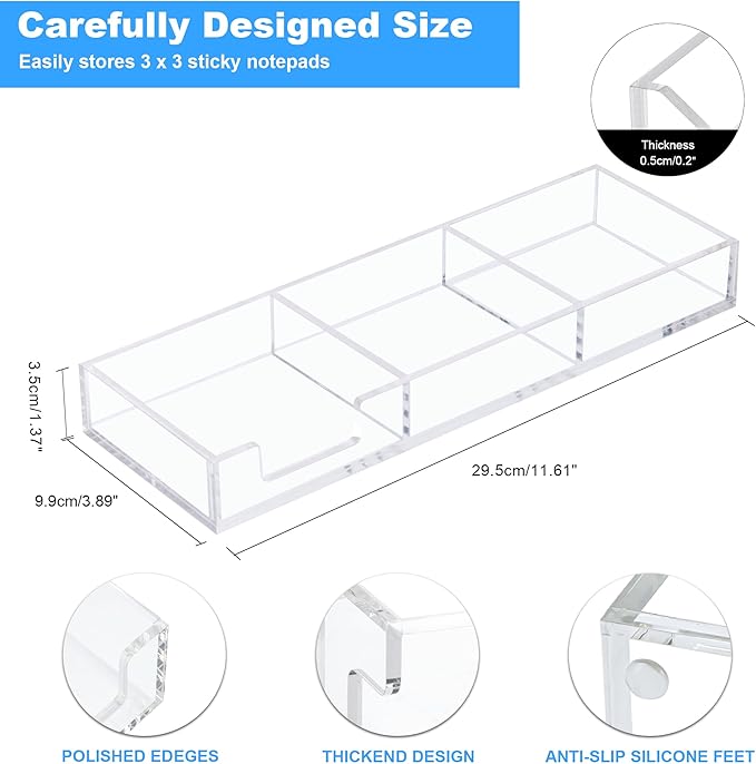 Sticky Note Holder 3 In 1 Clear Acrylic Self-Stick Memo Pads Holders Desk Organizer for School Office Home, Post Pop Notes Dispenser for 3"X3" Note Pads (BQ211)