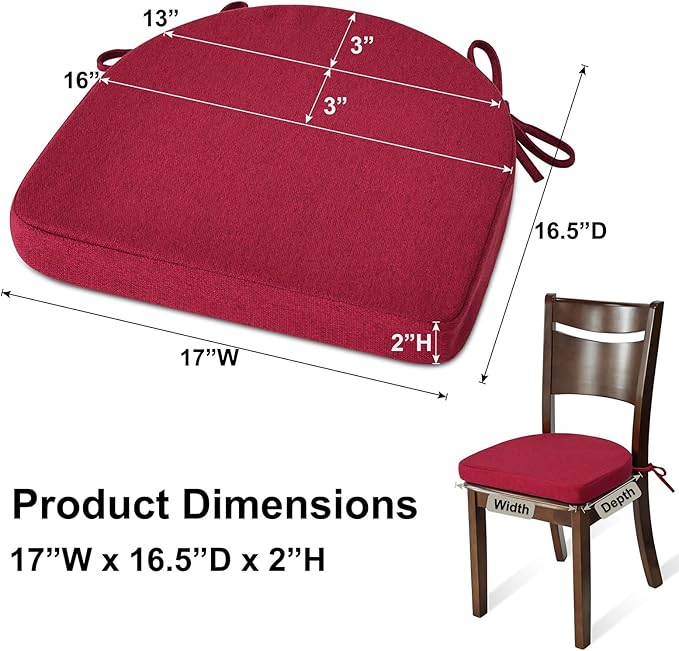 Shinnwa Dining Chair Cushions Set of 4, Non-Slip Kitchen Chair Cushions with Ties and Machine Washable Cover, 4 Pack, 17 x 16.5 x 2in, Wine Red