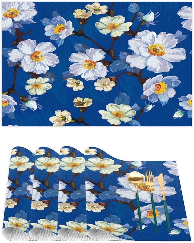 Placemats Set of 4 Heat-Resistant Rectangle Place Mats Painting Blue Flower Washable Plastic PVC Dining Table Mat Non-Slip Wipeable Woven Vinyl Placemat for Kitchen Patio Table Decor