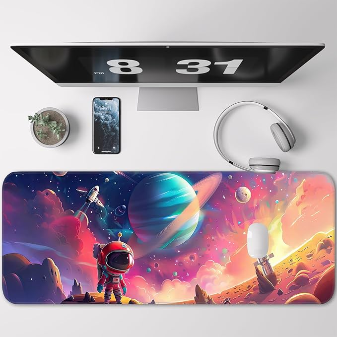 Gaming Mouse Pad, Non-Slip Rubber Band Stitched Edge, Astronaut Planet Space, Suitable for Home, Gaming, Office, 31.5x11.8 Inch Anime Mouse Pad