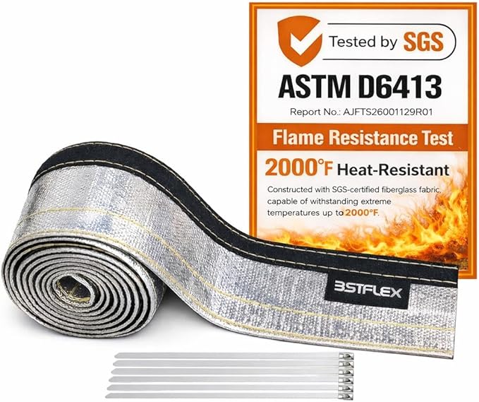 Heat Shroud Aluminized Sleeving Heat Shield Fuel line Wire Heat Sleeve 1" I.D. x 10FT with 10 Pcs 7.8Inch Stainless Steel Cable Metal Zip Ties