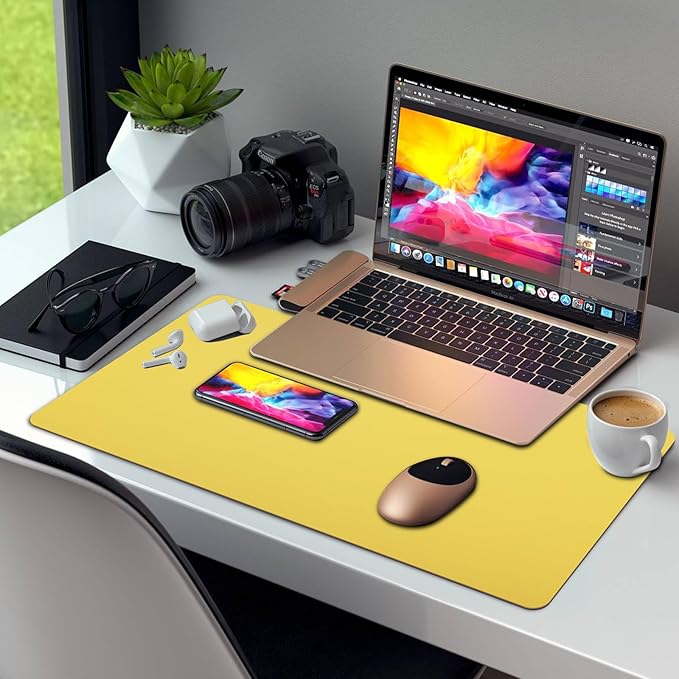 Large Leather Desk Pad Protector 27.5"x13.7",Non-Slip Durable Office Desk Mat for Writing, Computer, Laptop, Mouse Pad & Desktop Use,Desk Protector Mat,Yellow