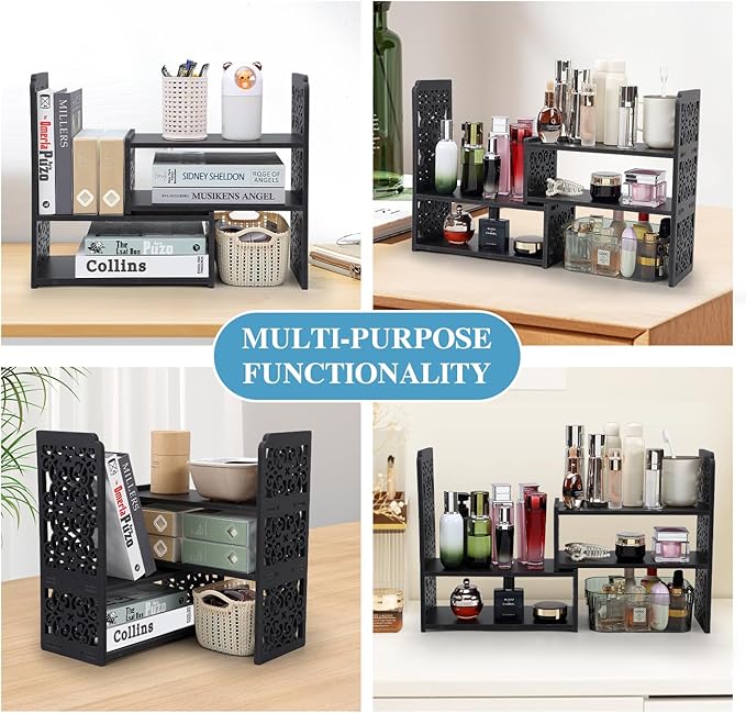 EARTHSON Desk Organizer Shelf, Expandable Bookshelf for Desk, Small Desktop Bookshelf, Mini Cute Adjustable Office Desk Shelves, Black