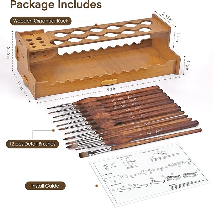 Bougimal 12 Pcs Detail Paint Brushes and Wooden Organizer Rack 2-in-1 Set, Holds Detail Brushes for Easy Access & Optimizes Workspace, Paint by Numbers Kits Accessories and Tools for Adults