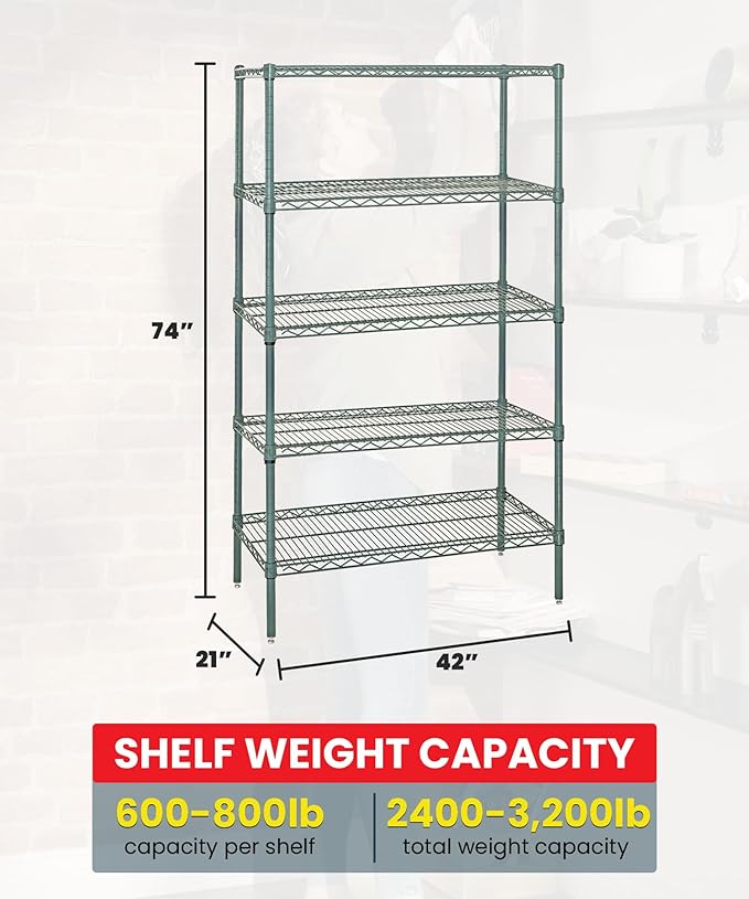 Quantum Storage Systems WR74-2142P-5 Wire Shelving Starter Kit, 42" W x 21" D x 74" H, 600 lbs Capacity, Carbon Steel, Epoxy Coated, Green, NSF