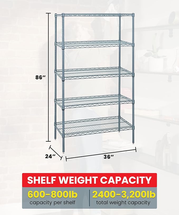 Quantum Storage Systems WR86-2436GY-5 Wire Shelving 5 Shelf Starter Units, 24" x 36" x 86", Gray Epoxy