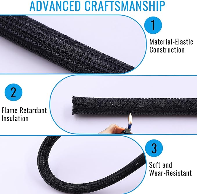 1/4" Braided Cable Sleeve - 10Ft Cat Cord Protector Split Wire Loom Tubing Flexible Self Wrapping for USB, Audio, Automotive Cord, Dog Chew Proof Cable Protector - Black
