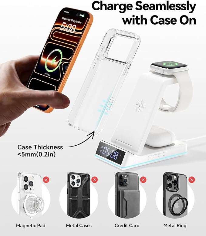 2026 Upgraded Wireless Charging Station, 7 in 1 Wireless Charger Station Foldable Charger Stand with Night Light/Alarm Clock for iPhone 17 16 15 14 13 12 Pro Max Plus, Apple Watch, AirPods 4/3/2/Pro