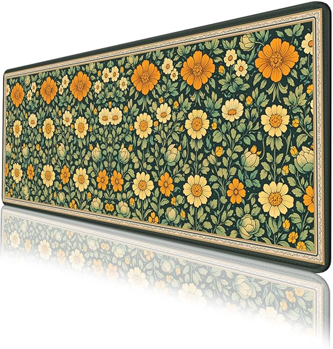 Vintage Floral Mouse Pad, Dark Green Orange Garden Gaming Desk Mat Extended Laptop Keyboard Non-Slip Rubber Base with Stitched Edges for Home, 31.5x11.8in Desk Home Office Gaming