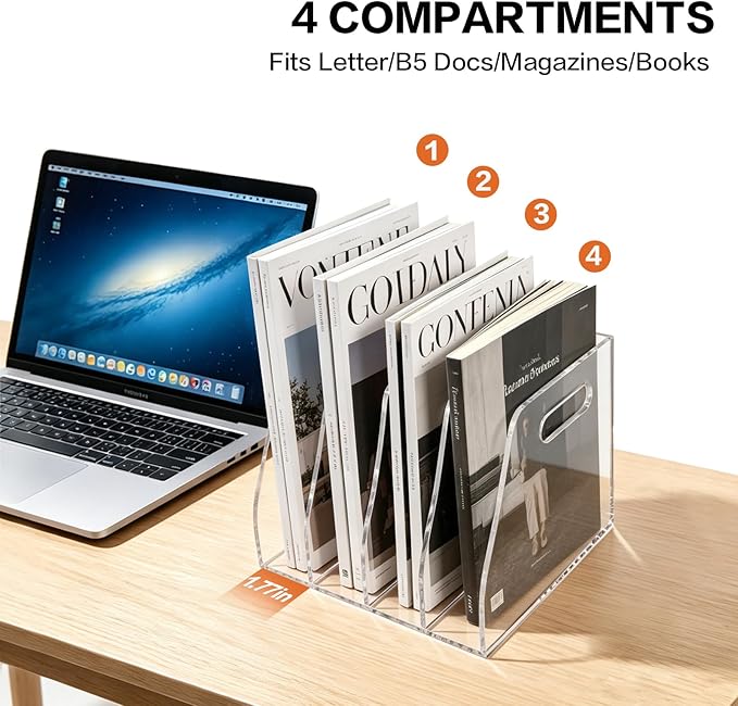 Acrylic Magazine File Holder, 4 Vertical Compartments Desk Document Sorter Organizer, Clear Bookend File Sorter Holder for Office, Documents, Tablets, Magazines, Books