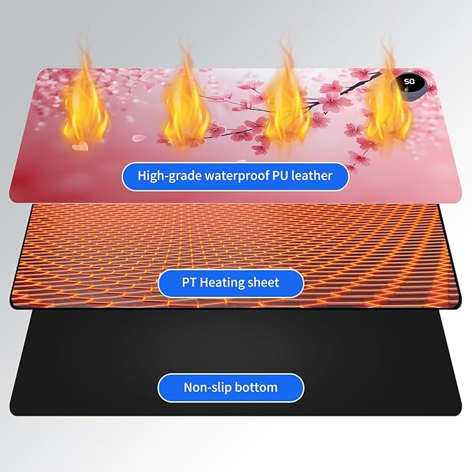 Heated Mouse Pad,Warm Desk Pad with 3 Levels Heating & 3 Hours Auto Shut-Off, PU Leather Heated Desk Pad Warmer Pad for Home Office - 31.5 x 13 inch,Cherry Blossoms