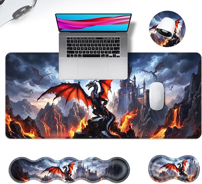 Ergonomic Mouse Pad Set with Wrist Support for Keyboard and Wrist Rest for Mouse, Memory Foam Comfort, Non-Slip Large Desk Mat for Home Office Pain Relief,Magic Dragon Castle